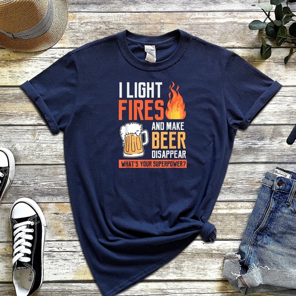 I Light Fires And Make Beer Camp Lover Camping Camping Heart Cute Hiking Shirt - Picture 1 of 2